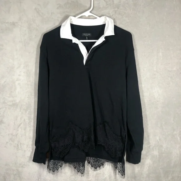 Rag & Bone Rugby Lace Polo Shirt Women’s S Black Edgy Chic Dark Academia - Picture 2 of 8